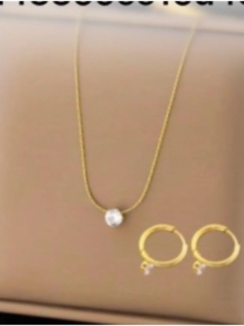 Gold Necklace and Hoop Earrings Set with White Stone Pendant - Women Jewelry